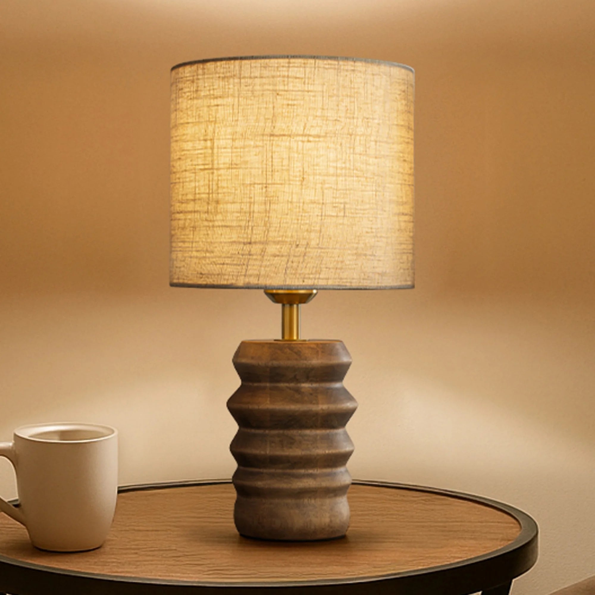 15'' Japandi Solid Wood Base Table Lamp Modern Classic Nightstand Lamp with Beige Fabric Shade for Bedside Foyer Dining Room