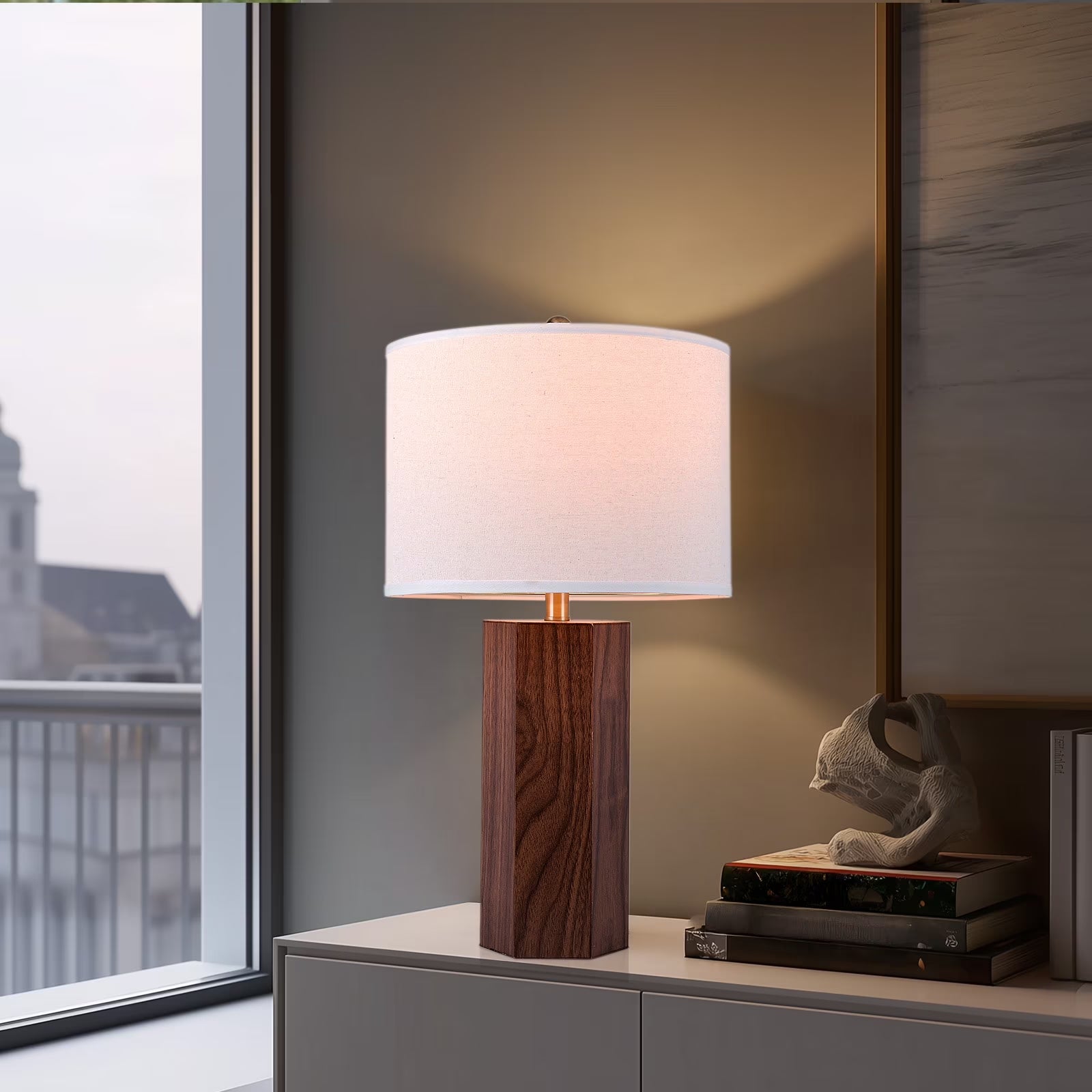 26" Modern Wood Table Lamp with Oatmeal Linen Shade, Brown Wood Base, E26 Socket, ON/OFF Switch, Aesthetic, Minimalist Bedside Accent Lamp(Bulbs Not Included)