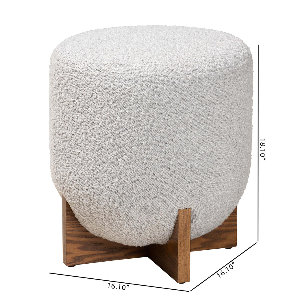 Fisk Japandi Light Grey Boucle Fabric and Walnut Brown Finished Wood Ottoman Footstool