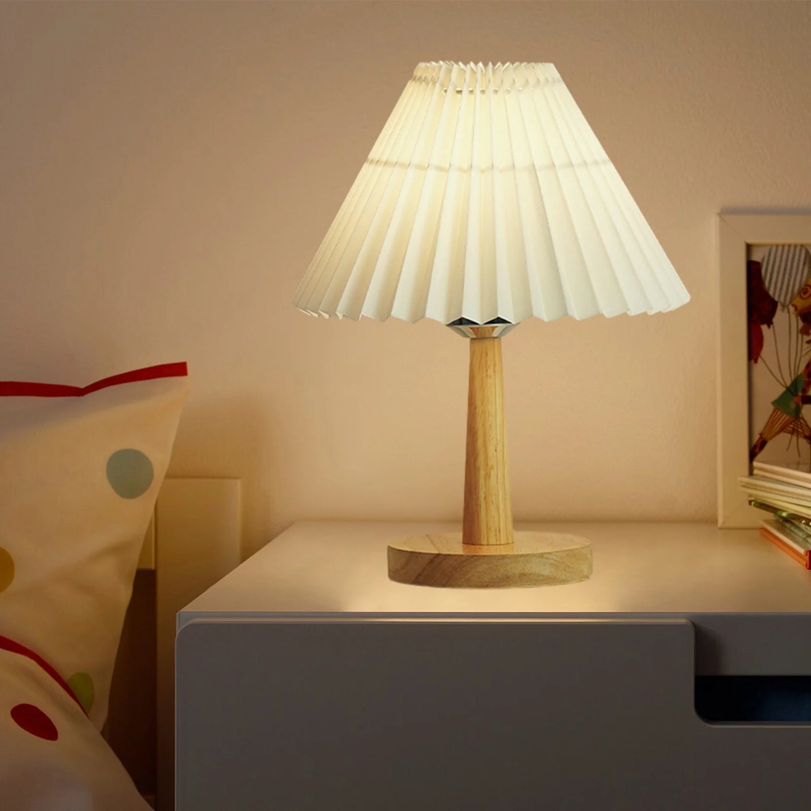 Pleated Table Lamp, Modern Bedside Nightstand Lamp with Umbellate Flaxen Fabric Shade and Wooden Base Infinitely Dimmable Adjustable LED Night Lights for Bedroom Living Room Office Bulb Included