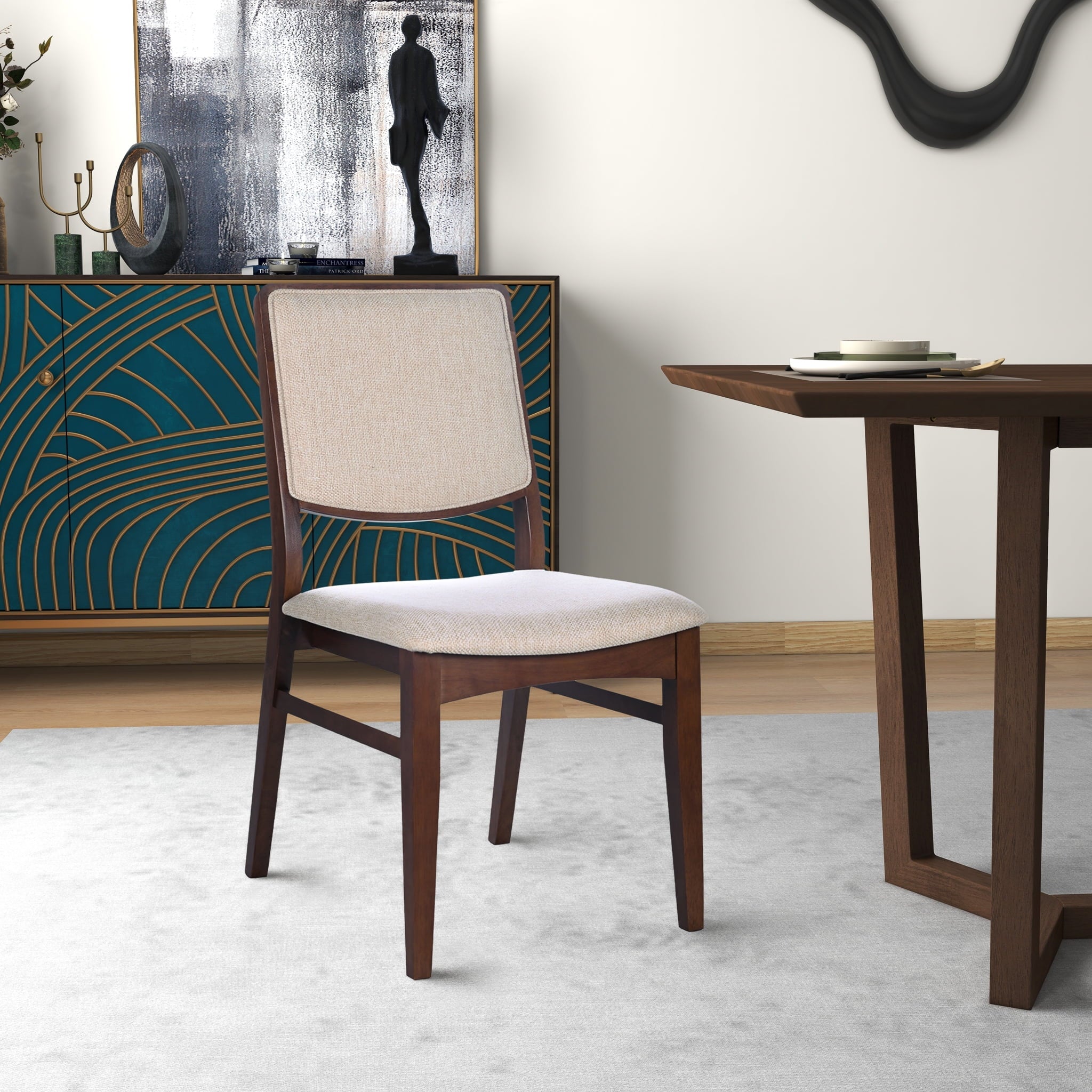 Nami Japandi Style Solid Wood Linen Fabric Upholstered Dining Chair in Beige