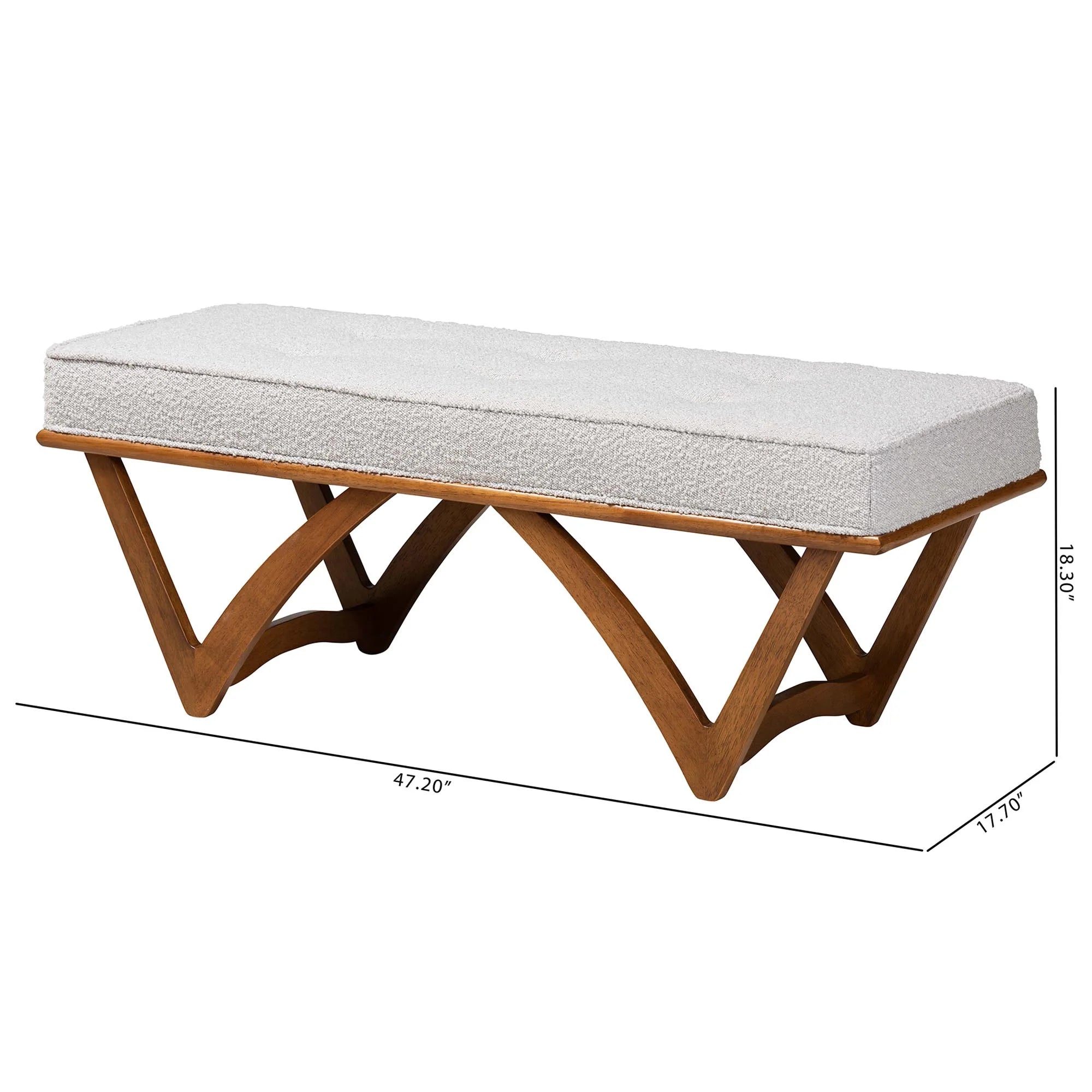 Chenoa Japandi Light Grey Boucle Fabric and Walnut Brown Finished Wood Bench