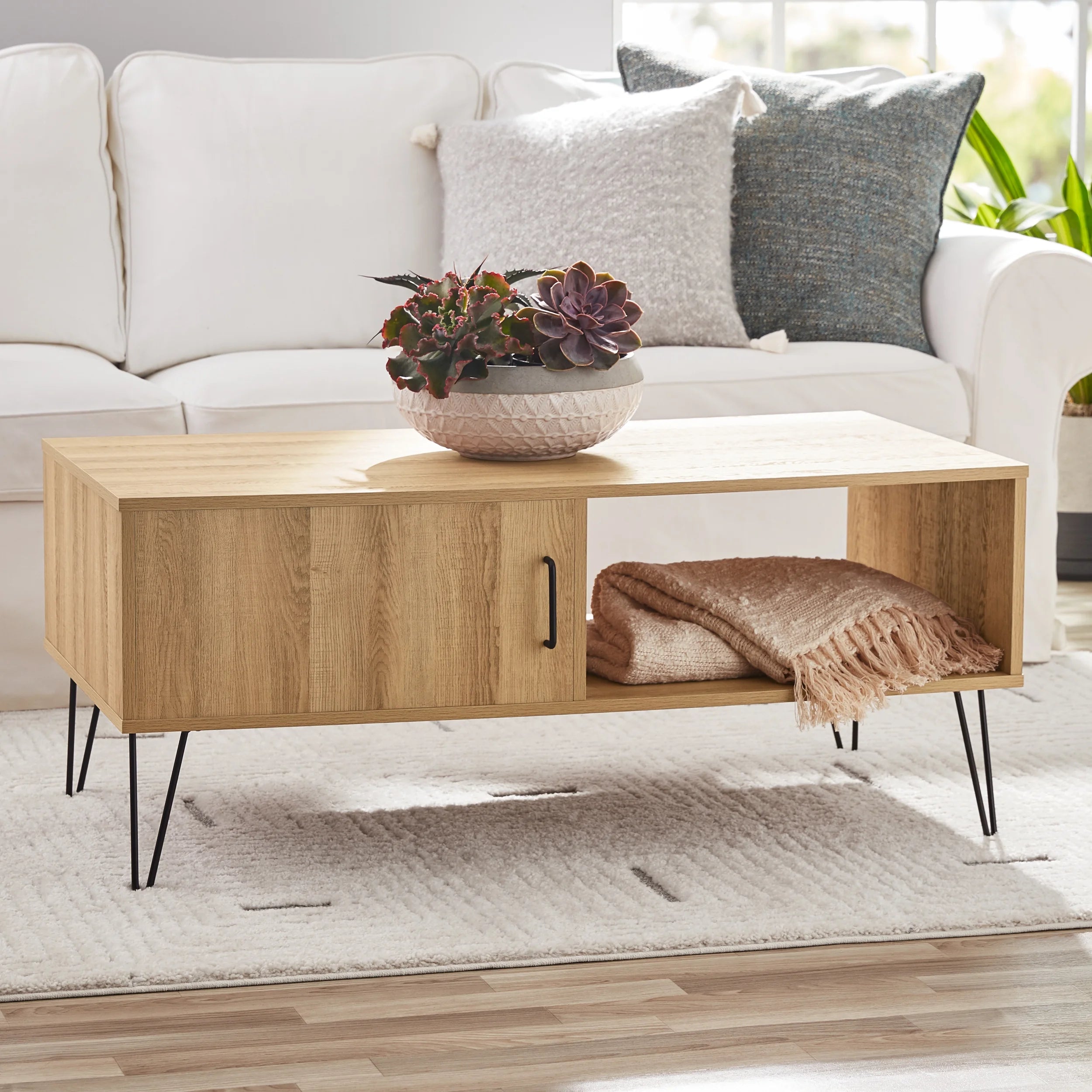 Modern Hairpin Rectangle Coffee Table, Oak