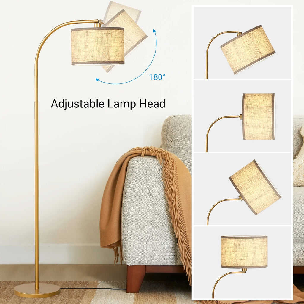 63.4-Inch Modern Arc Gold Floor Lamps for Living Room, Metal Standing Lamp with Foot Switch for Bedroom, Office, Decor, Lighting, Adjustable Lampshade