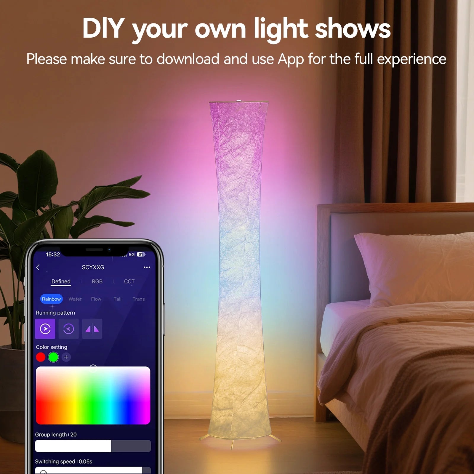 61'' RGBIC LED Floor Lamp, 1800 LM Color Changing Lighting Modern Tall Lamp with Music Sync & 16 Millio Colors, Standing Lamp with Remote & APP Control for Living Room, Bedroom, Gaming, Party