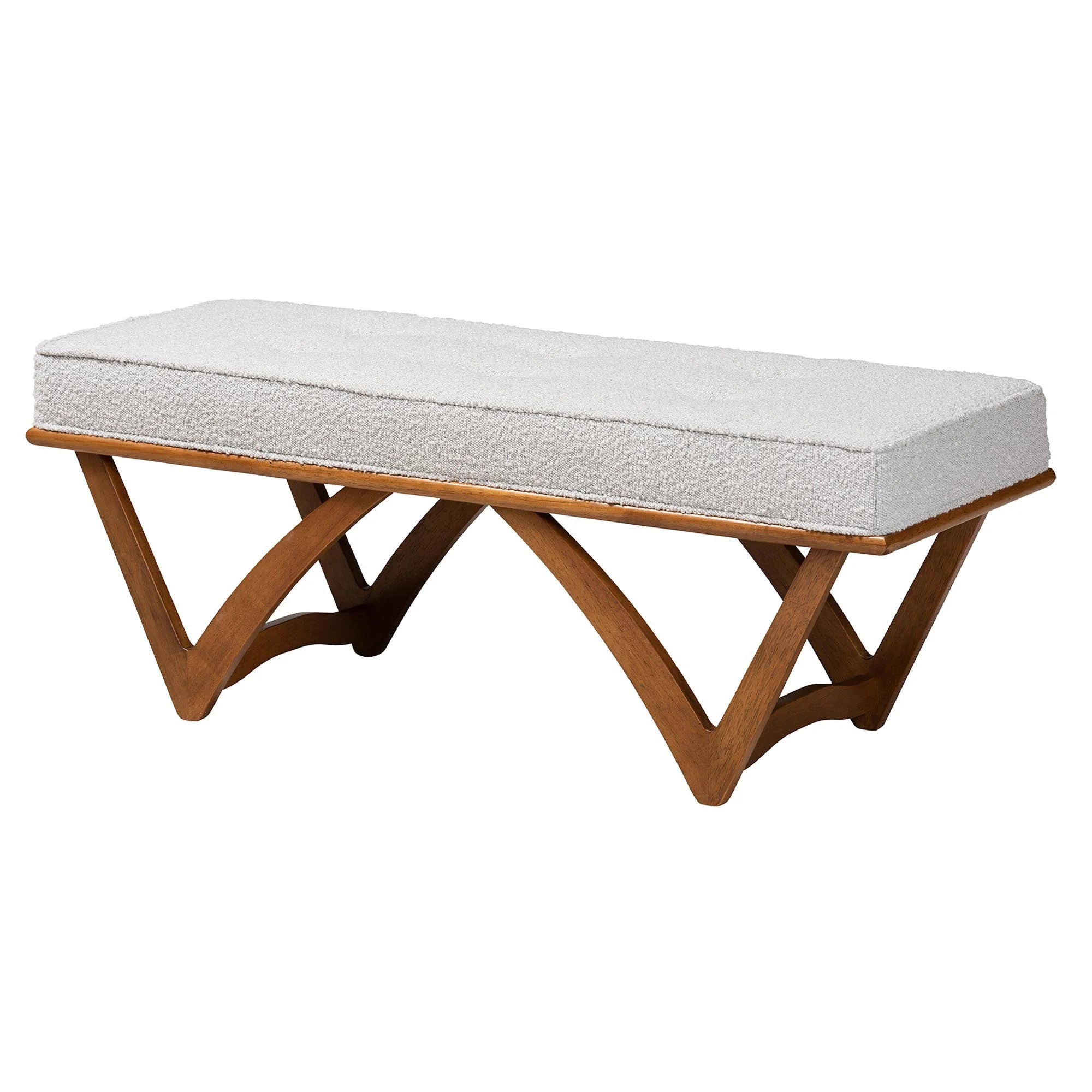 Chenoa Japandi Light Grey Boucle Fabric and Walnut Brown Finished Wood Bench