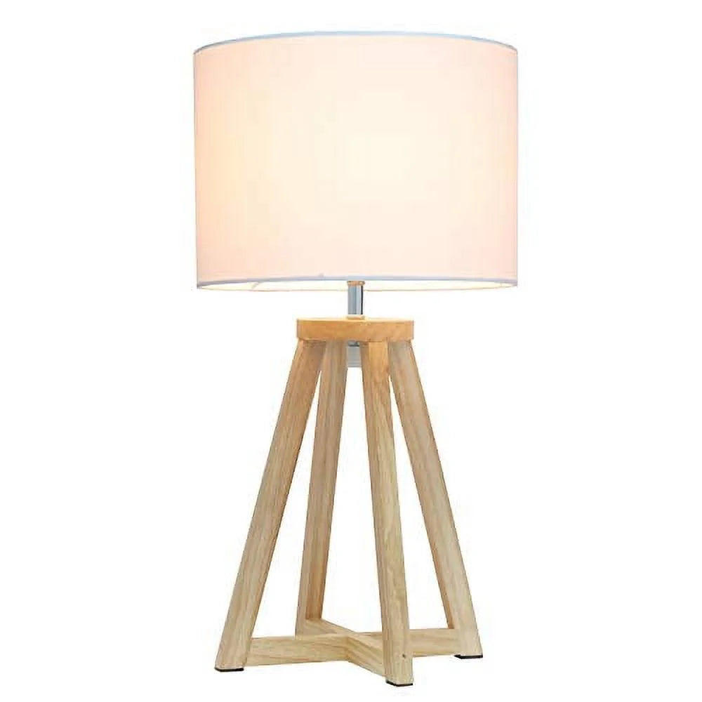 Interlocked Triangular Natural Wood Table Lamp with White Fabric Shade