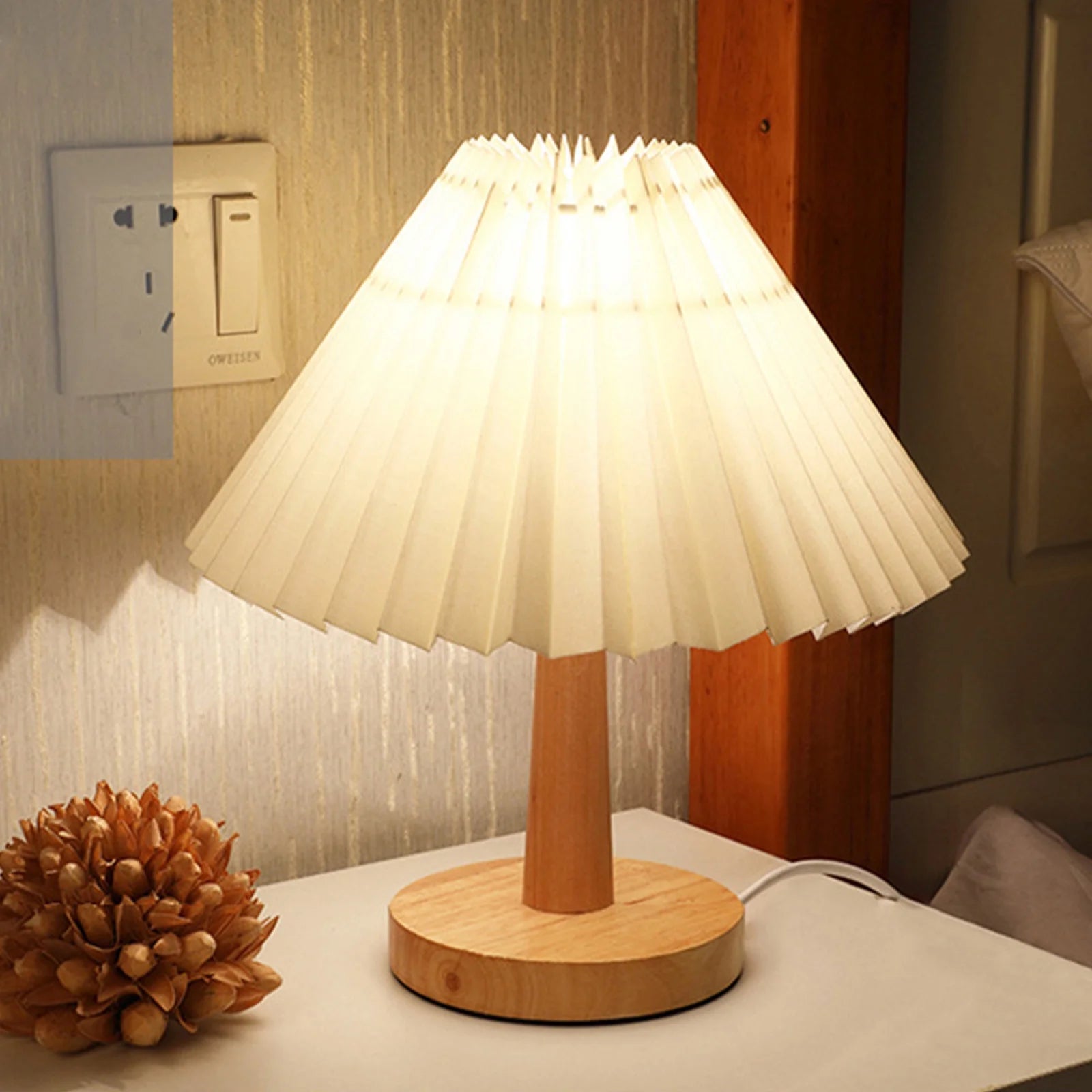 Pleated Table Lamp, Modern Bedside Nightstand Lamp with Umbellate Flaxen Fabric Shade and Wooden Base Infinitely Dimmable Adjustable LED Night Lights for Bedroom Living Room Office Bulb Included