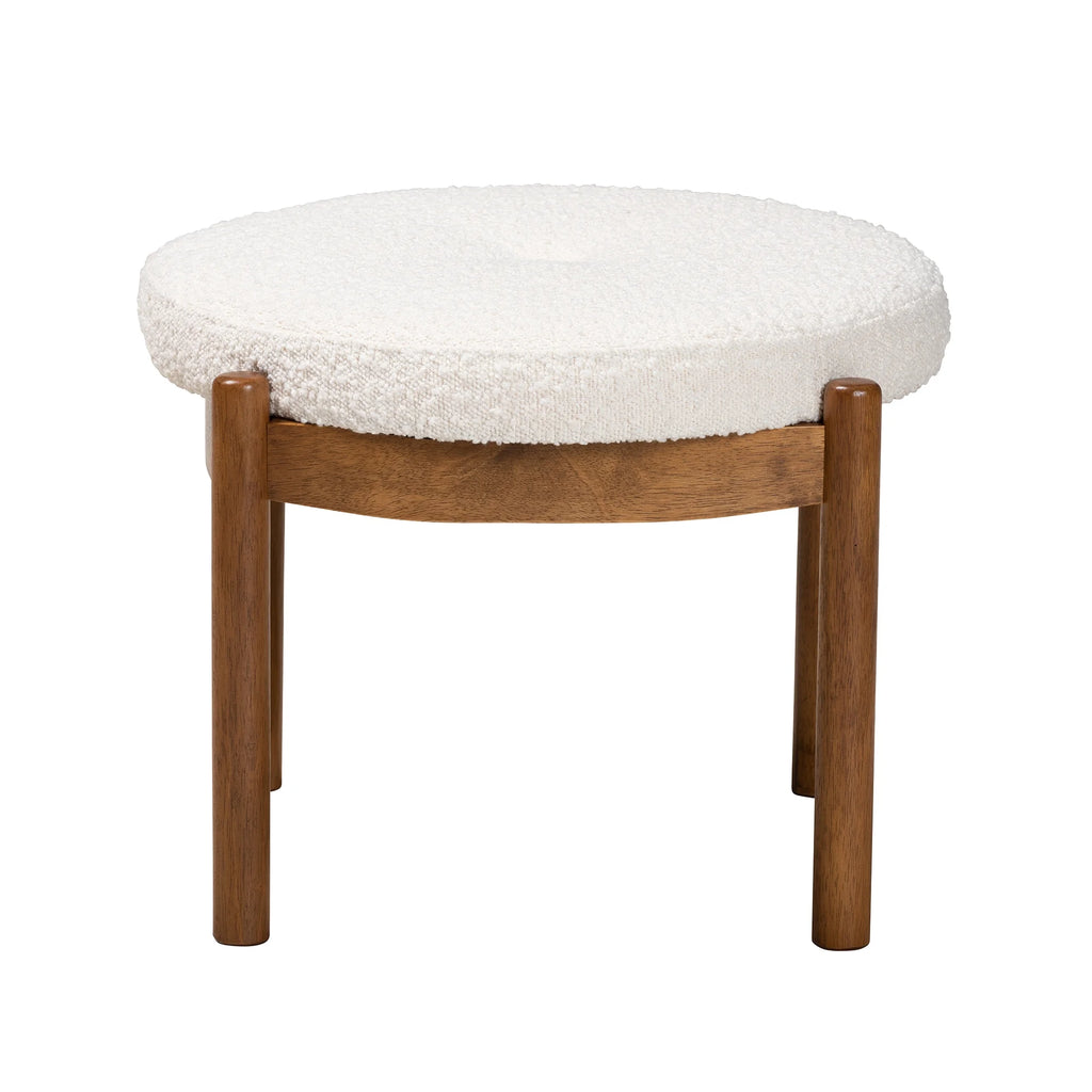 Iliana Japandi Cream Boucle Fabric and Walnut Brown Finished Rubberwood Ottoman Footstool
