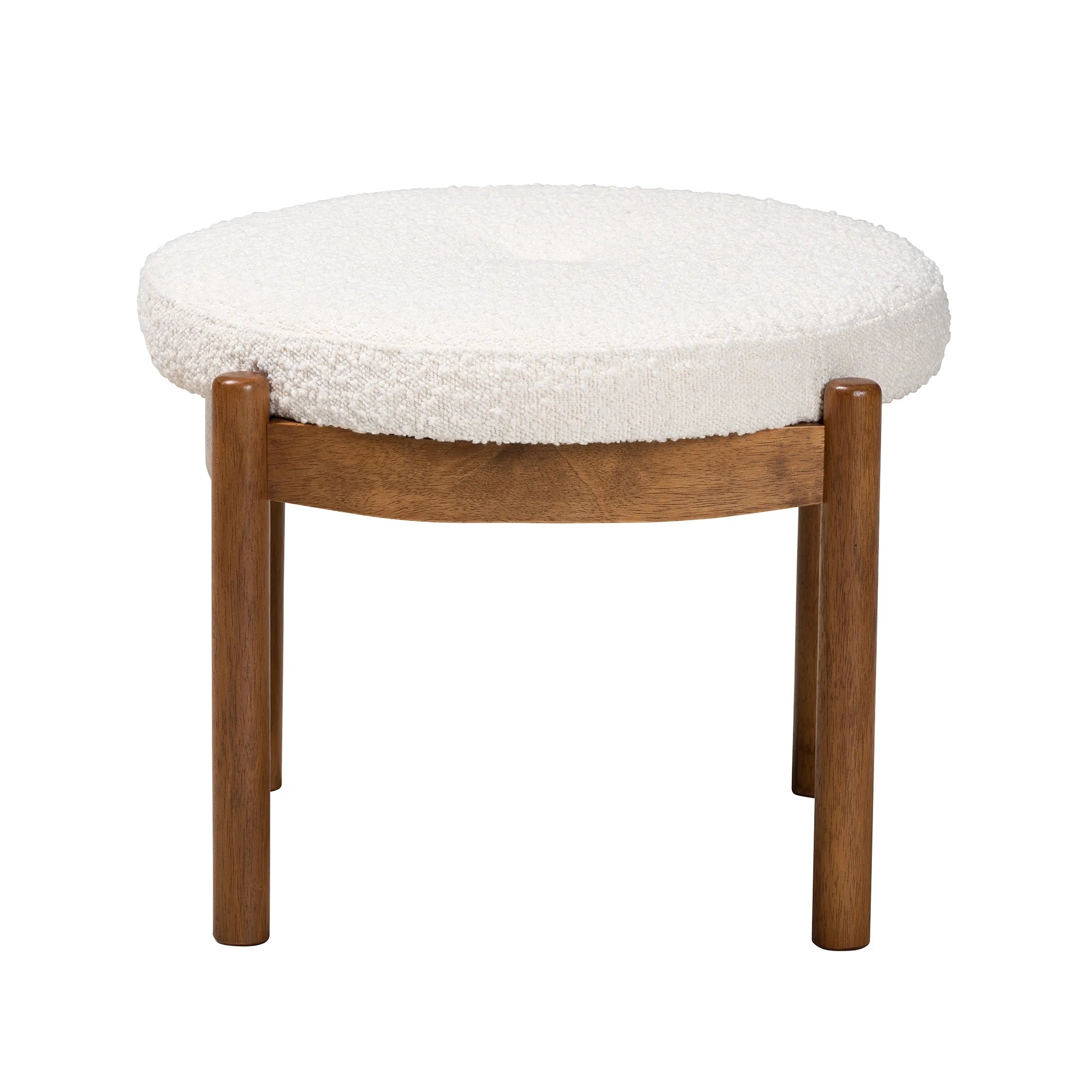 Iliana Japandi Cream Boucle Fabric and Walnut Brown Finished Rubberwood Ottoman Footstool