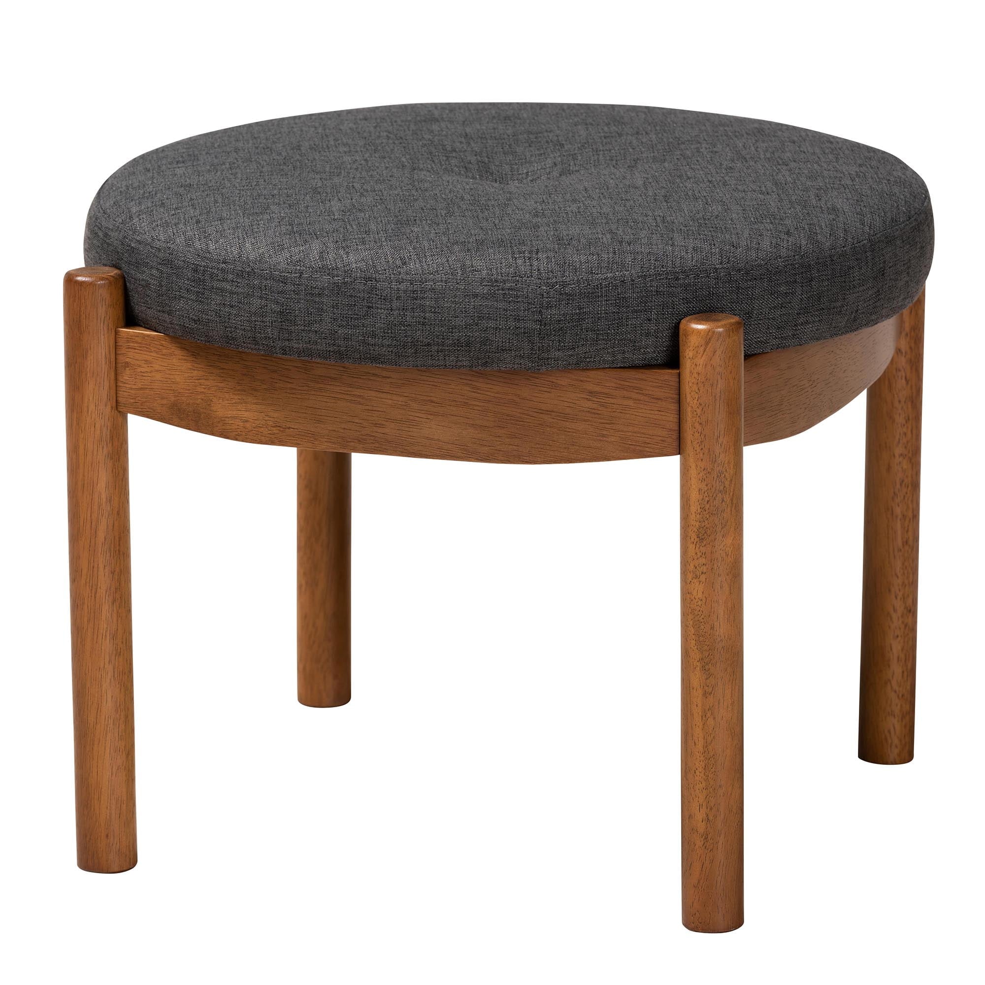Iliana Japandi Dark Grey Fabric and Walnut Brown Finished Wood Ottoman Footstool